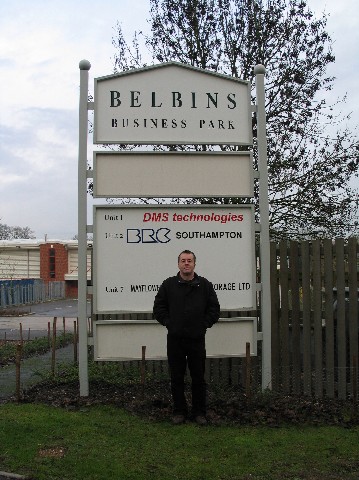Terry BELBIN at the entrance to BELBINS Business Park